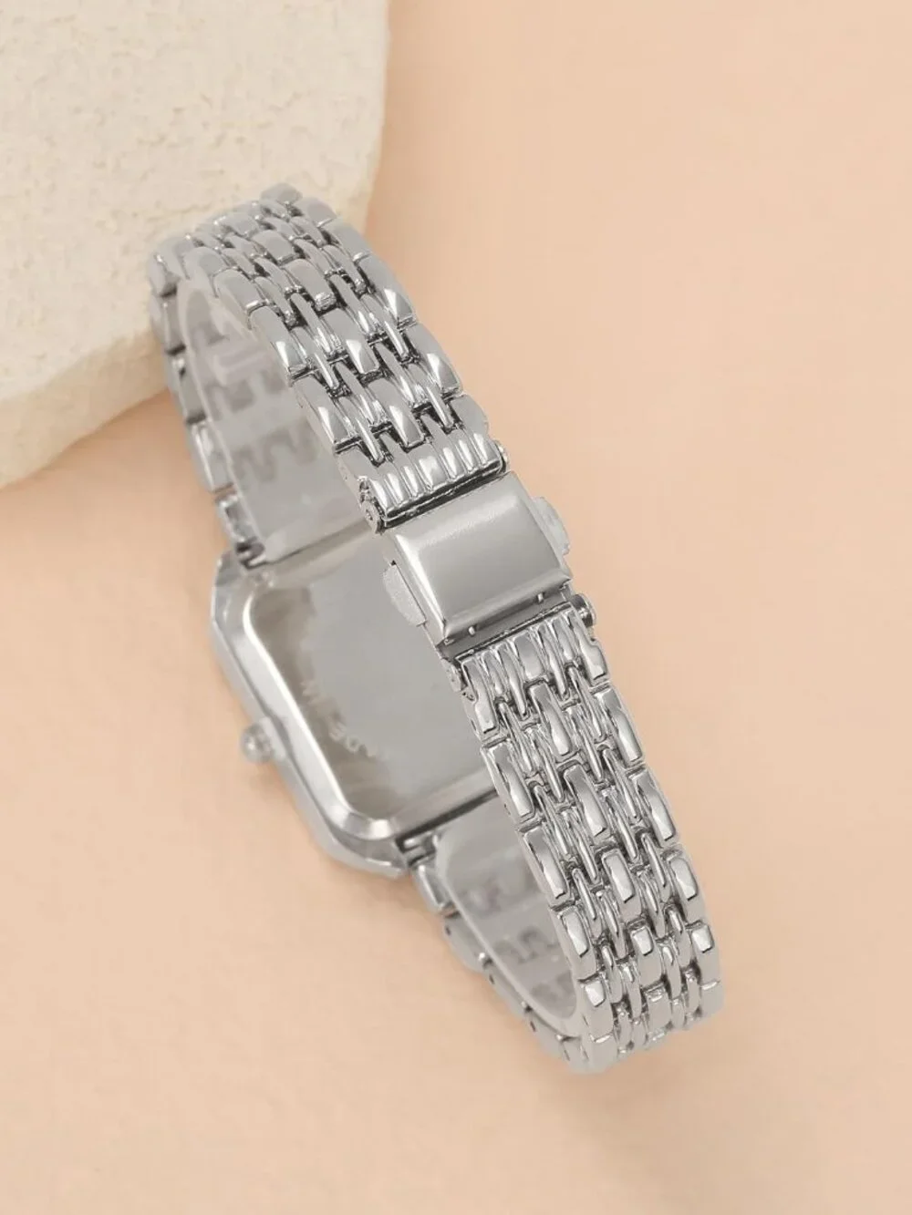 Women's Silver Quartz Rectangular Case Metal Bracelet Band Analogue Wrist Watch
